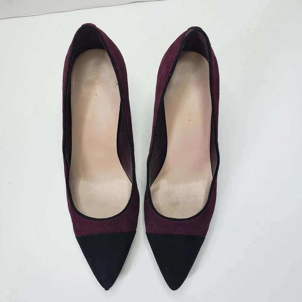 Tommy Hilfiger Violin Pump 10‎ Quilted Suede Block Heel Burgundy Black